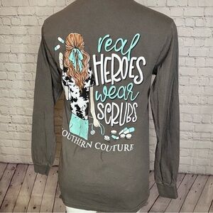 Southern Couture Real Heroes Wear Scrubs Long Sleeve T-Shirt in Gray Size S